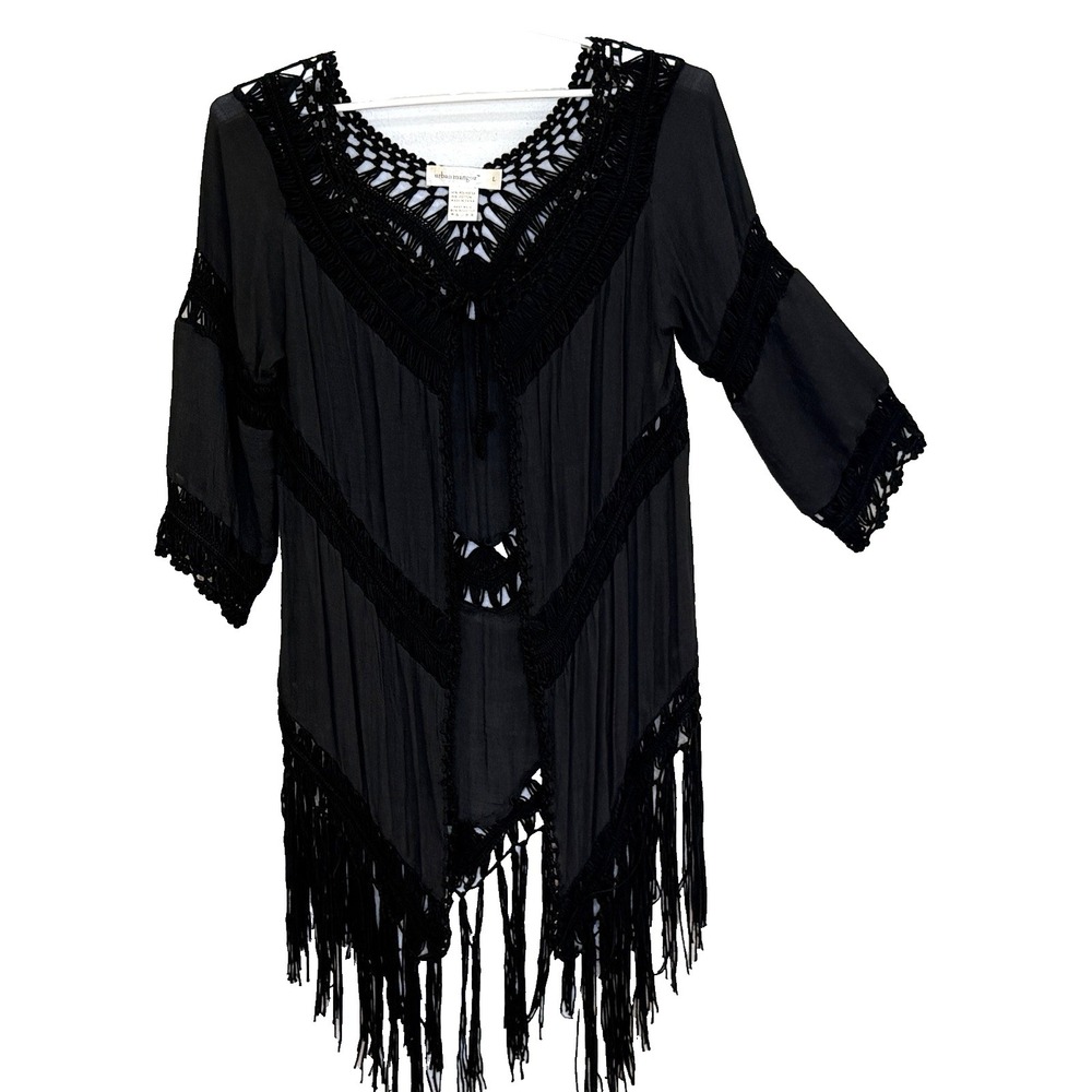 Urban‎ Mangoz Cardigan Top Sz Large Black Crochet Fringe Hem 3/4 Sleeve Festival